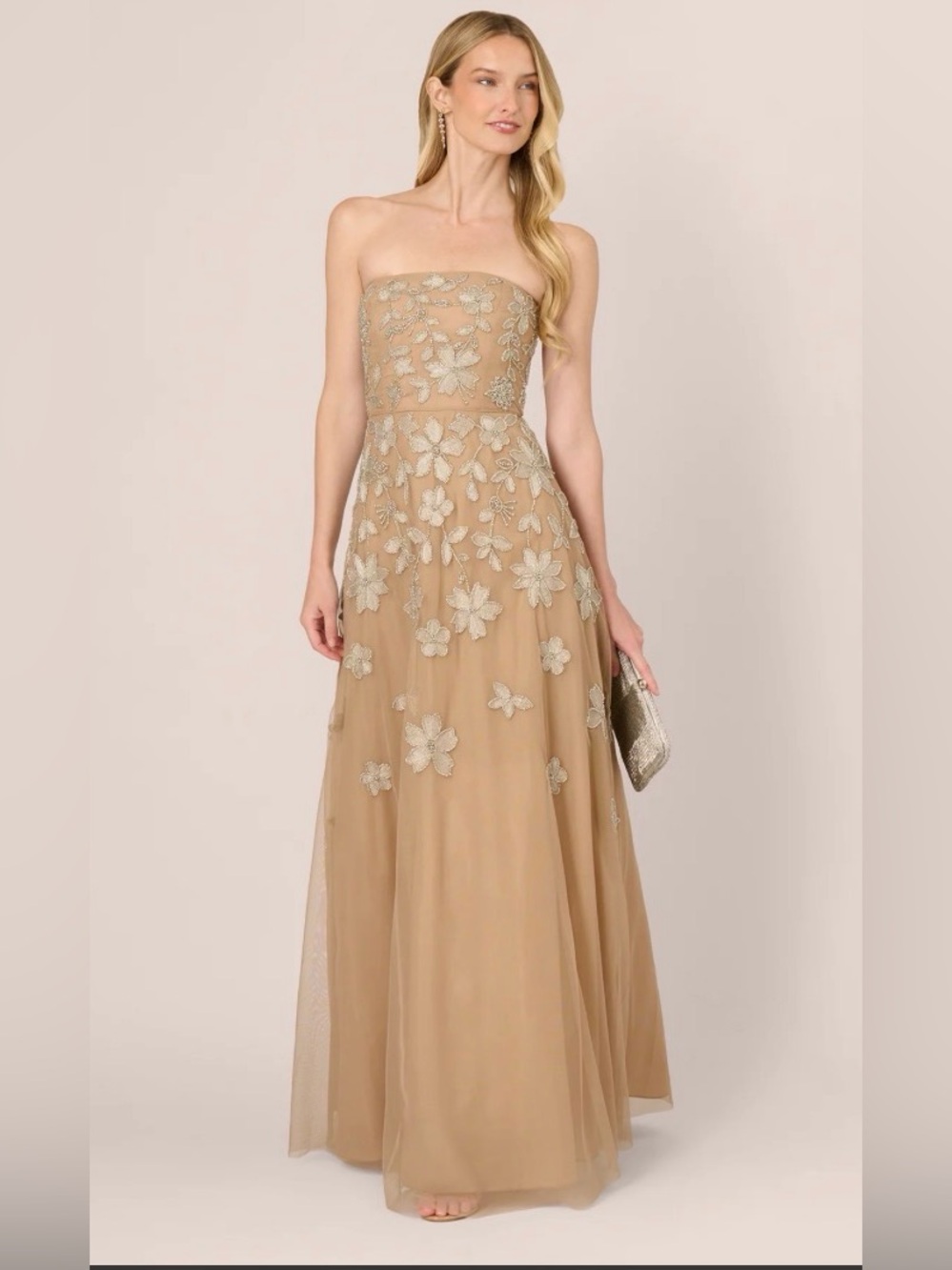 Adrianna Papell Size 12 Nude Silver Beaded Floral Embroidered Maxi Gown